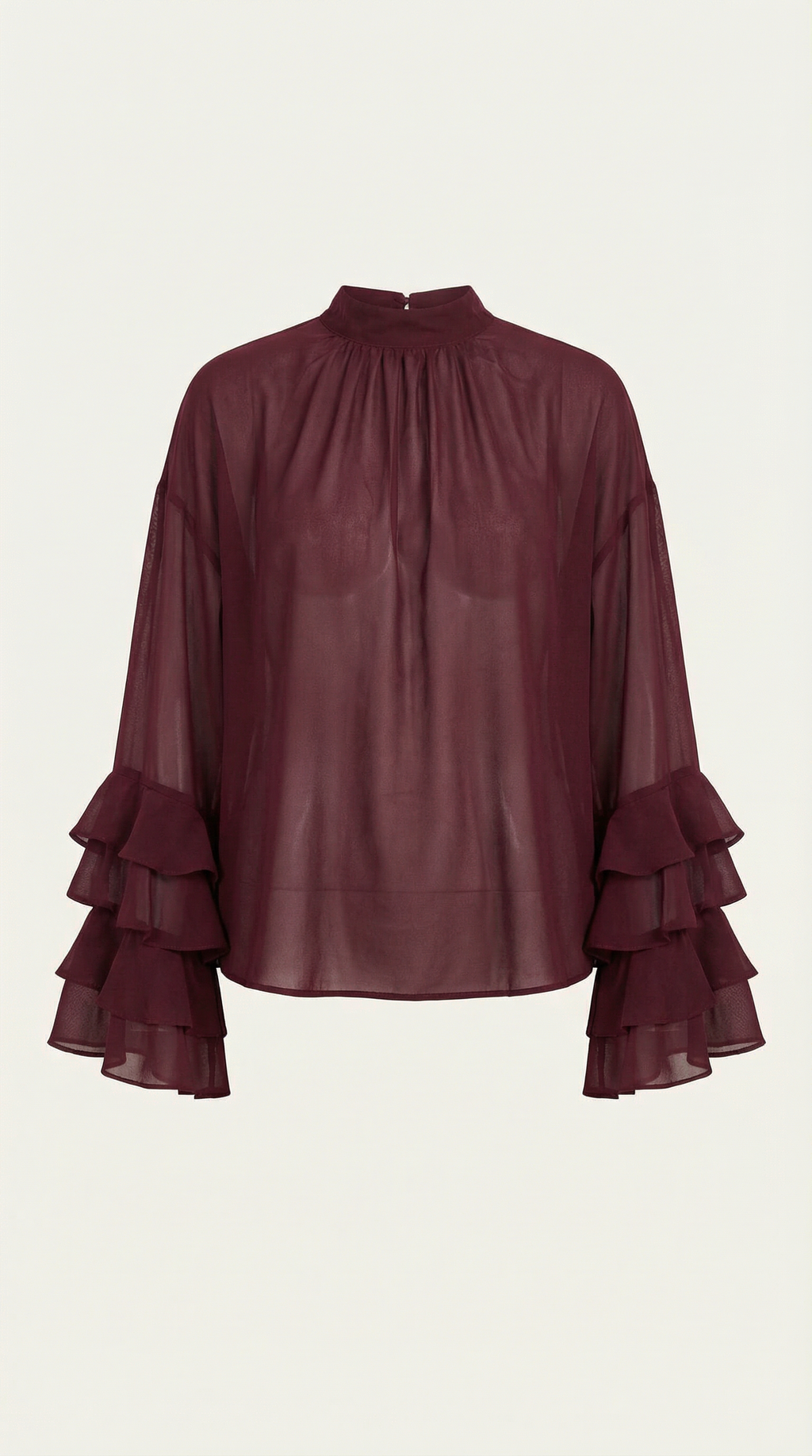 Transparente Bluse, bordeauxrot, Stehkragen und Volantärmel mit Rüschenabschlüssen