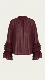 Transparente Bluse, bordeauxrot, Stehkragen und Volantärmel mit Rüschenabschlüssen