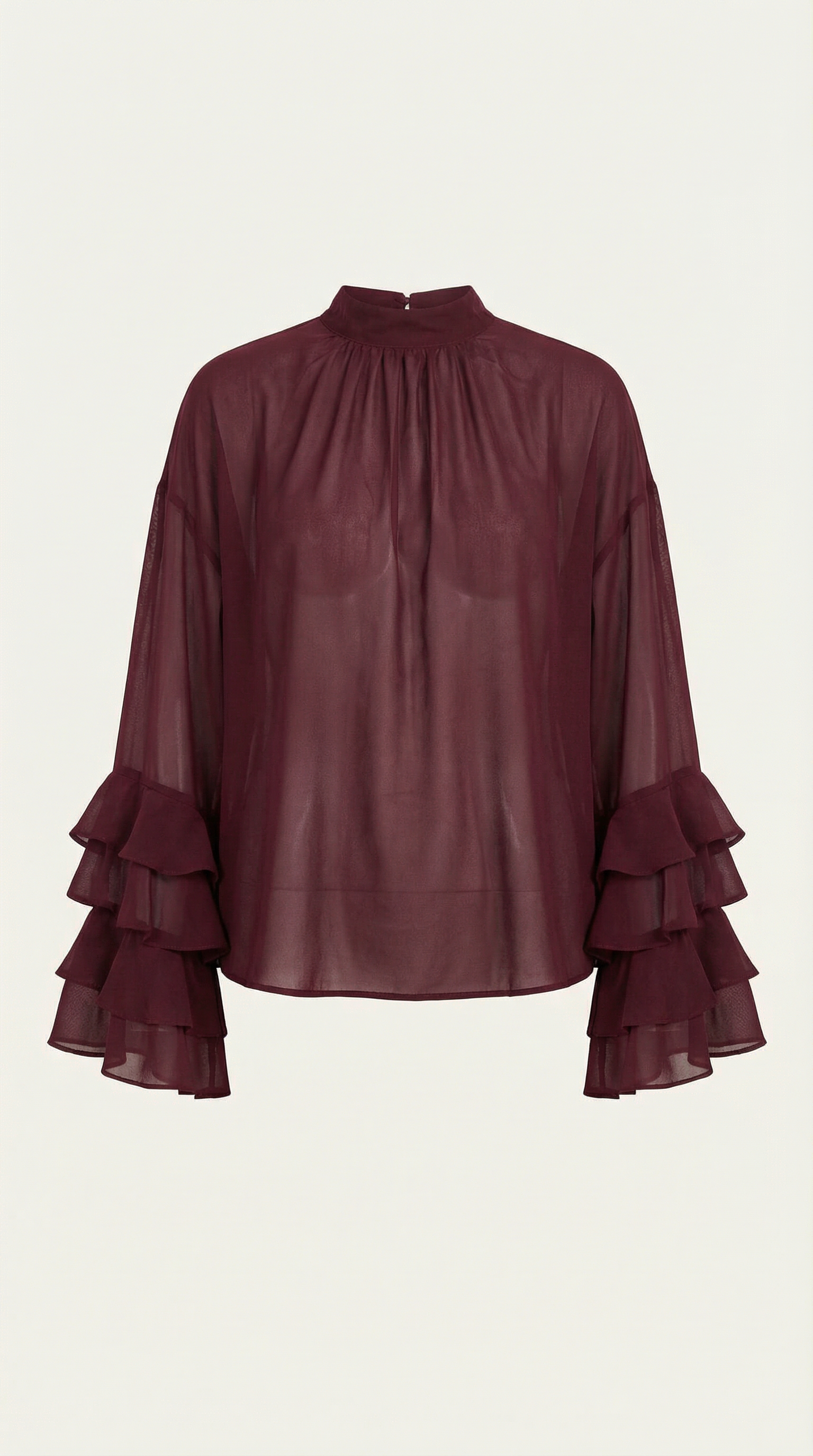Transparente Bluse, bordeauxrot, Stehkragen und Volantärmel mit Rüschenabschlüssen