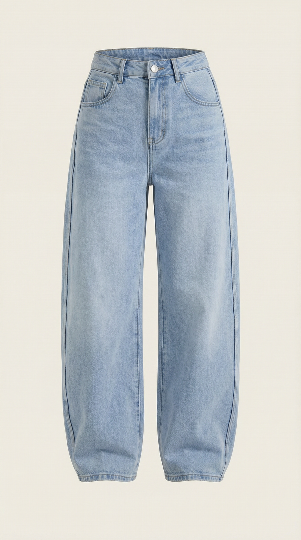 Helle blaue Wide-Leg Jeans, Frontansicht flach liegend, Knopf- und Taschennaht