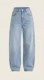 Helle blaue Wide-Leg Jeans, Frontansicht flach liegend, Knopf- und Taschennaht