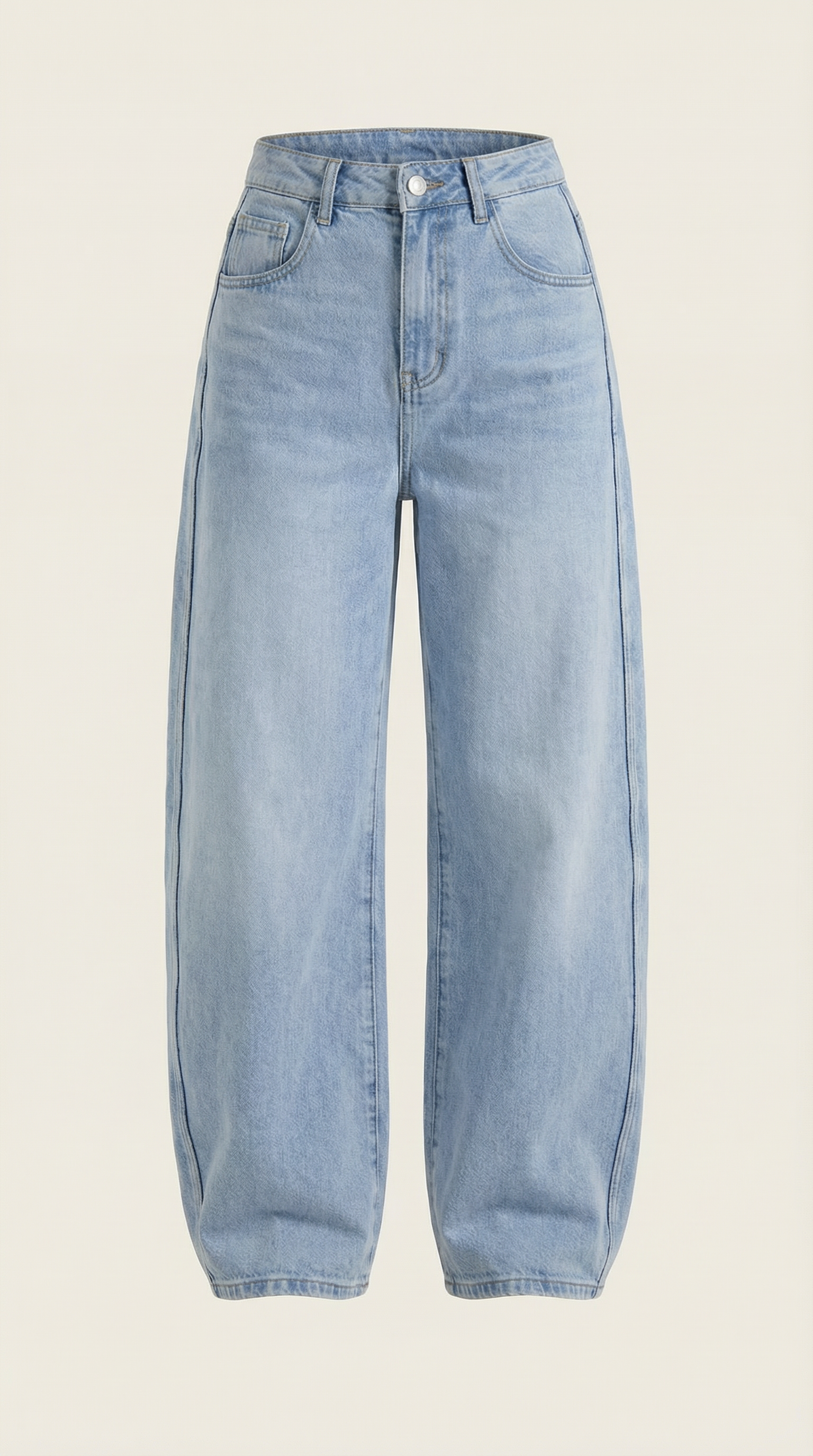 Helle blaue Wide-Leg Jeans, Frontansicht flach liegend, Knopf- und Taschennaht