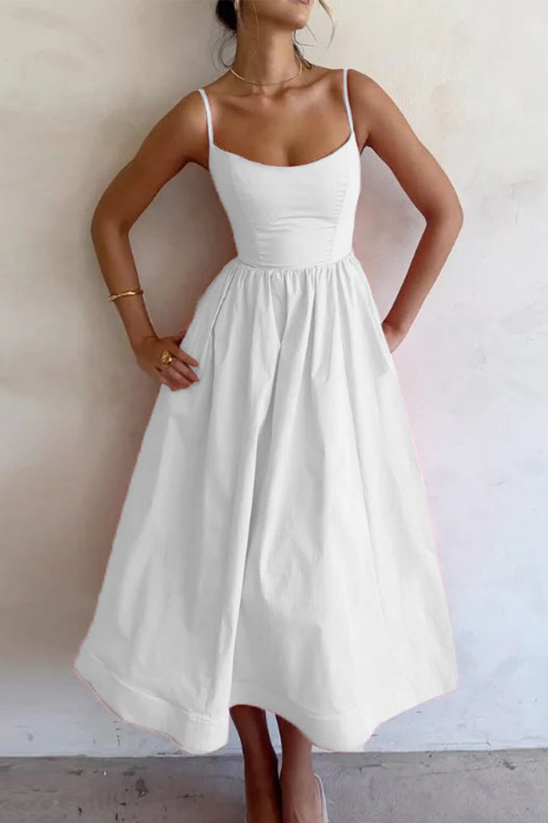 Weißes Midikleid mit schmalen Trägern, Herzausschnitt und gerafftem A-Linien-Rock
