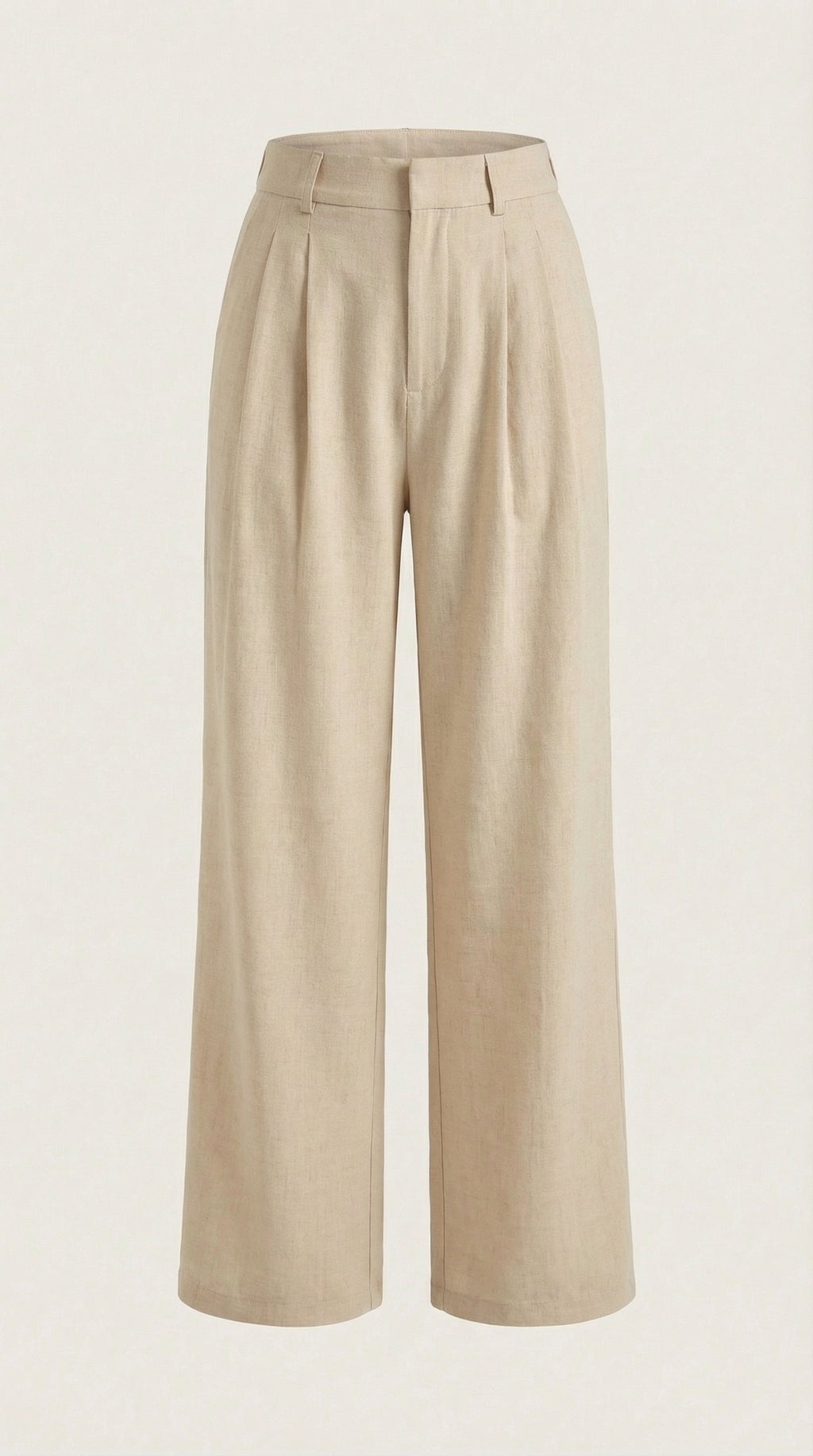Weite Bundfaltenhose in hellem Beige, vollständig gefaltet, flach liegende Ansicht