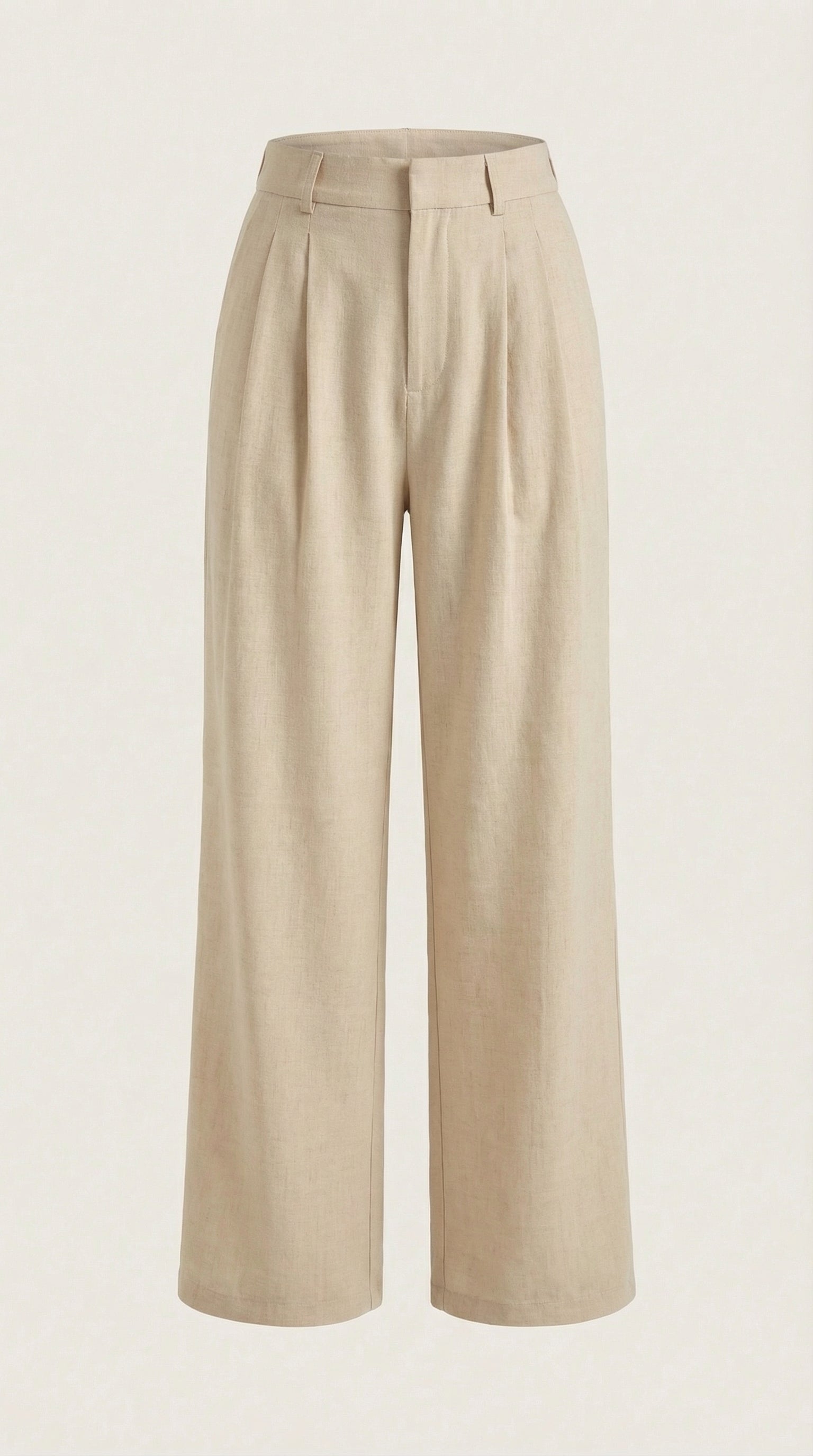 Weite Bundfaltenhose in hellem Beige, vollständig gefaltet, flach liegende Ansicht