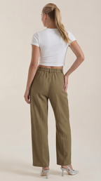 Weite Damenhose in Khaki mit hohem elastischem Bund und weitem Bein