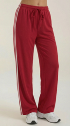 Weite Jogginghose für Damen in Rot mit weißem Seitenstreifen und Kordelzug