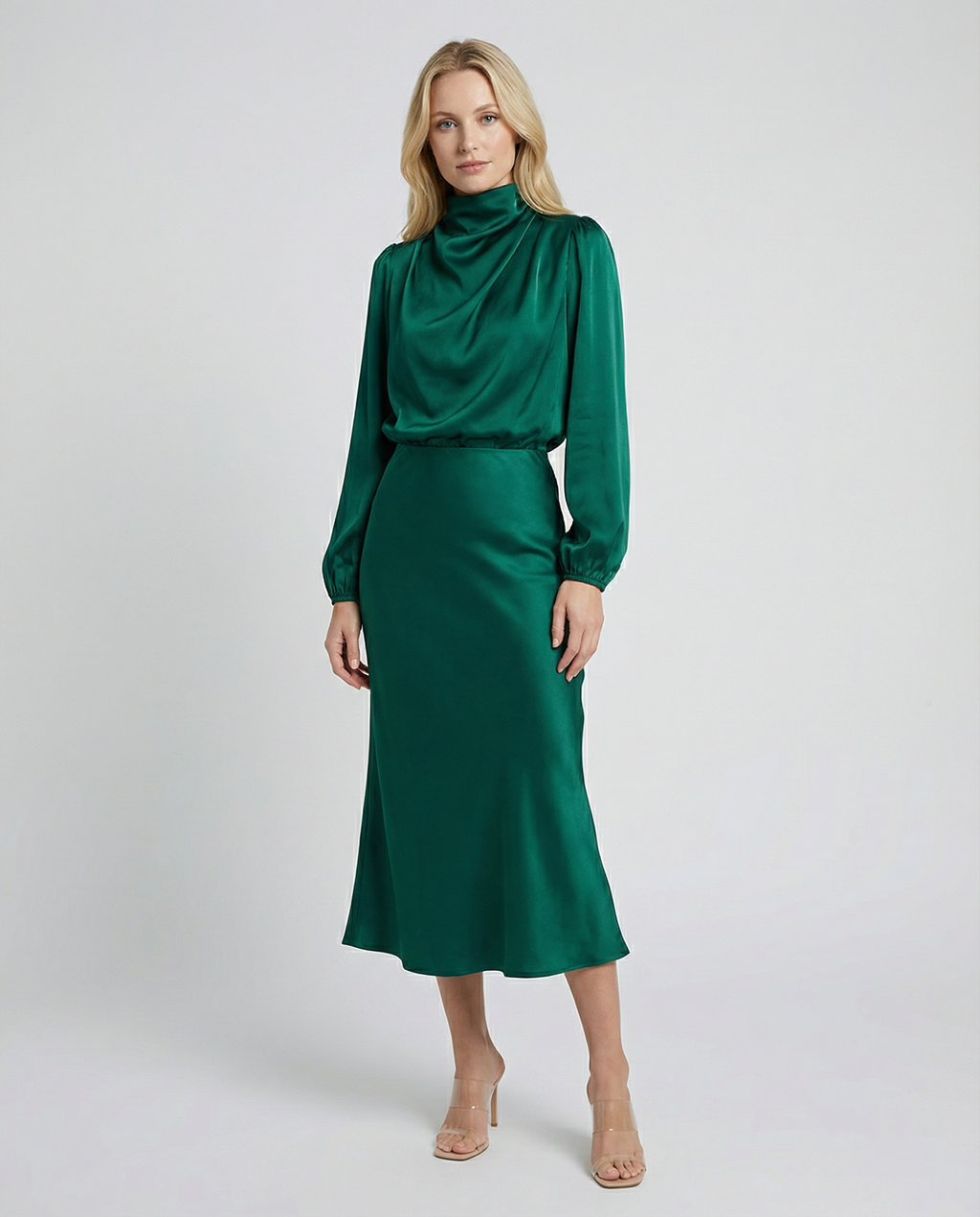 Satin-Abendkleid in Dunkelgrün, langarm, mit Wasserfall-Ausschnitt und Taillengürtel-Details