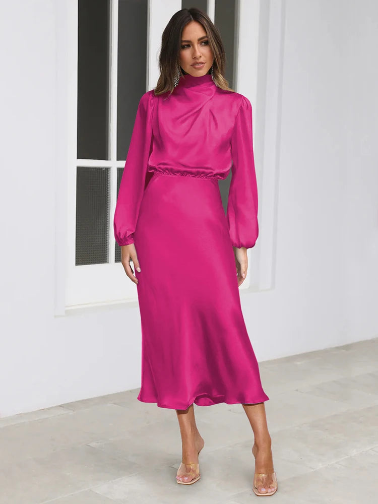 Satin-Abendkleid in Pink/Fuchsia mit Wasserfall-Ausschnitt und langen Ballonärmeln