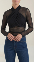 Schwarzes transparentes Mesh-Wickeltop mit geraffter Front und gekreuztem Wickelkragen
