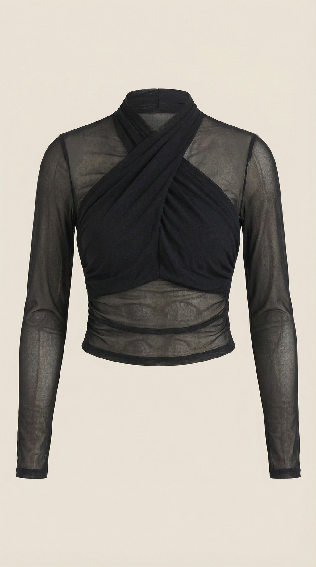 Schwarzes Mesh-Wickeltop flach gelegt: gekreuzter Frontausschnitt und transparente Ärmel