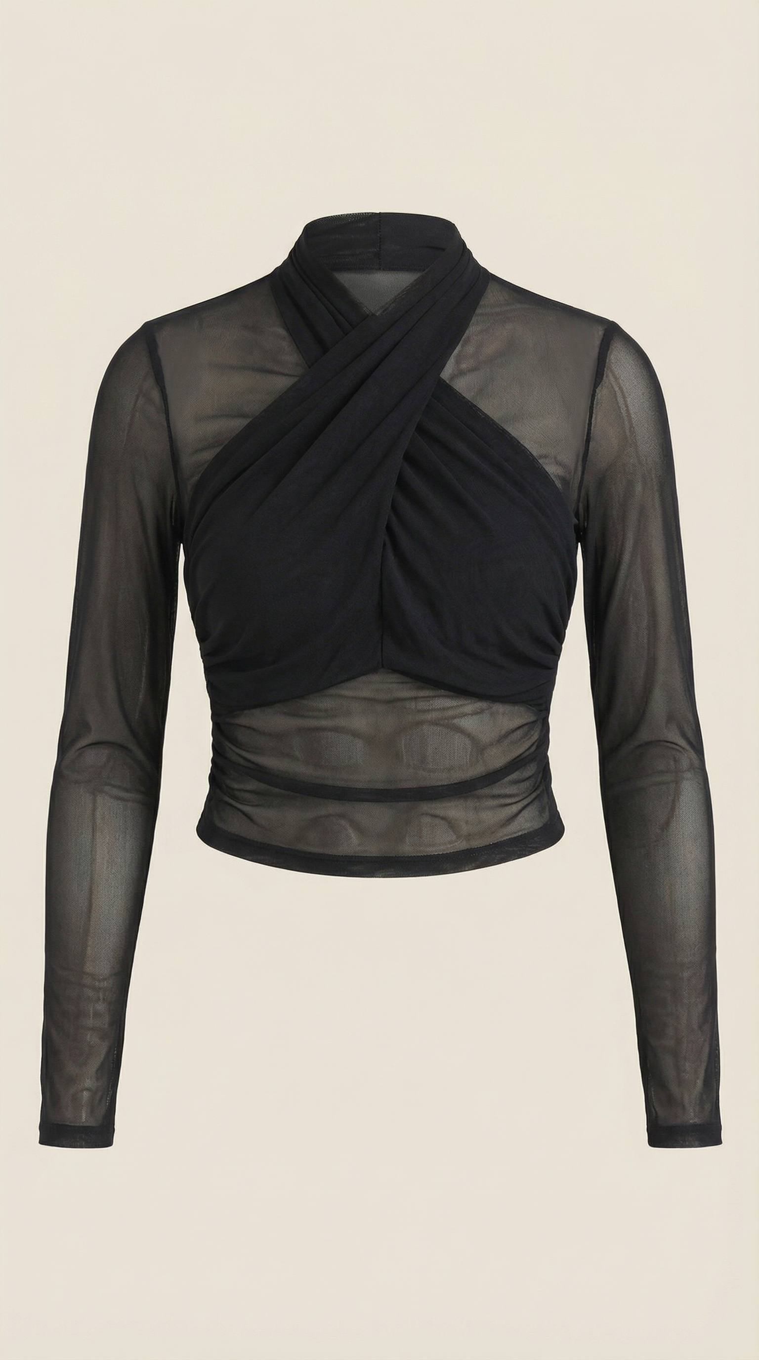 Schwarzes Mesh-Wickeltop flach gelegt: gekreuzter Frontausschnitt und transparente Ärmel