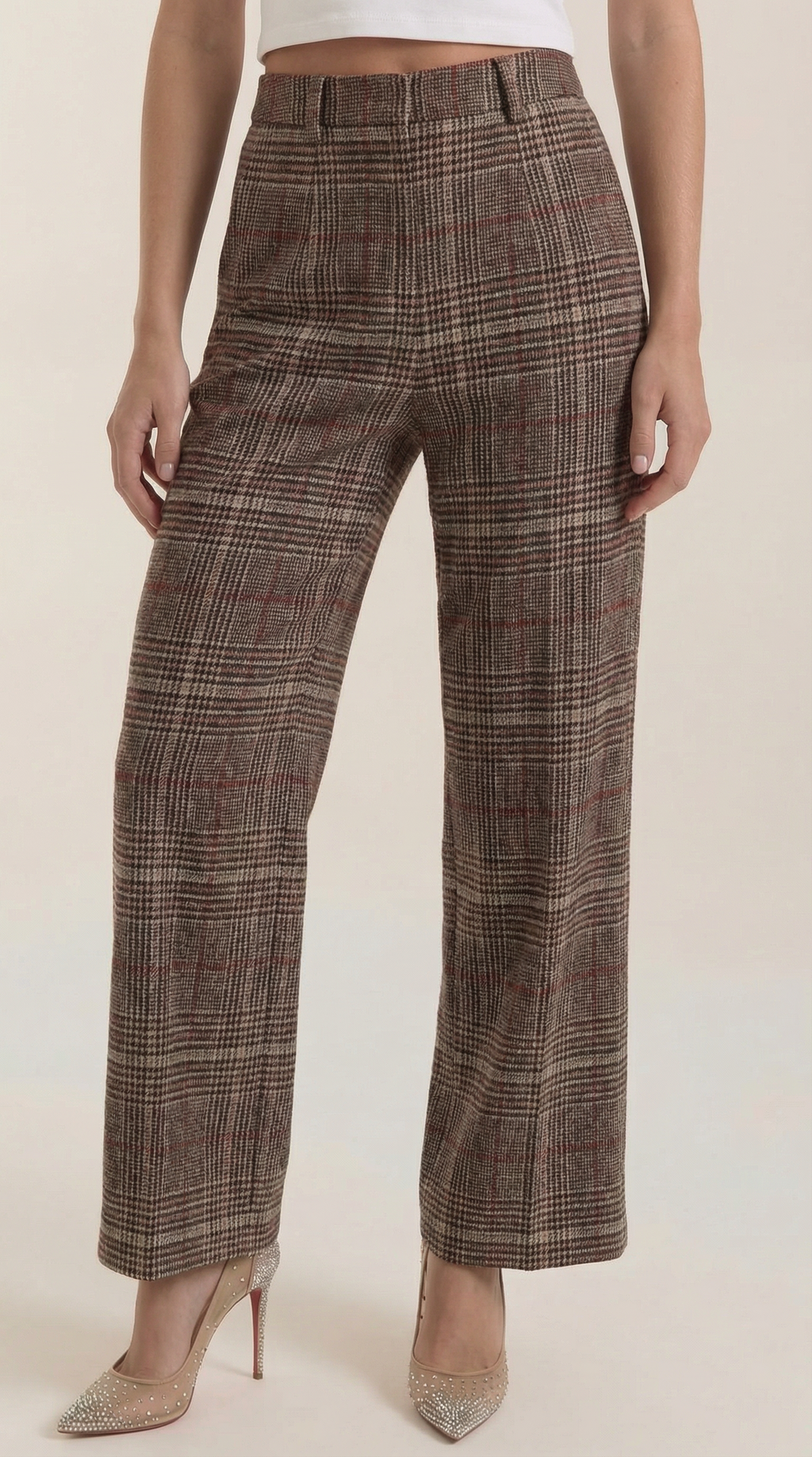 Karierte Damenhose mit hohem Bund, braunes kariertes Muster, weites Bein vorn