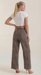 Karierte Damenhose mit hohem Bund, braunes kariertes Muster, Rückansicht