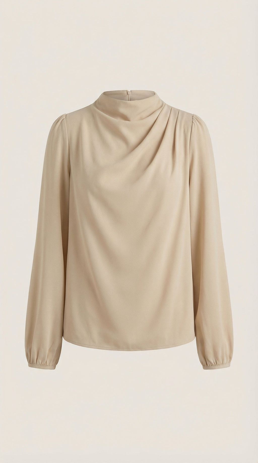 Beige Damenbluse mit Stehkragen und drapiertem Wasserfall-Ausschnitt, lange Ballonärmel