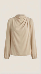 Beige Damenbluse mit Stehkragen und drapiertem Wasserfall-Ausschnitt, lange Ballonärmel