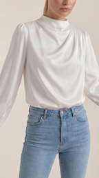 Damenbluse mit drapiertem Wasserfallausschnitt, lange Ärmel, weißer Stoff