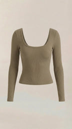 Nahtloses Damen-Longsleeve mit Rundhalsausschnitt, khaki, langarm