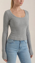 Damen-Longsleeve mit Rundhalsausschnitt, langarm, nahtloser Stretch in Hellgrau