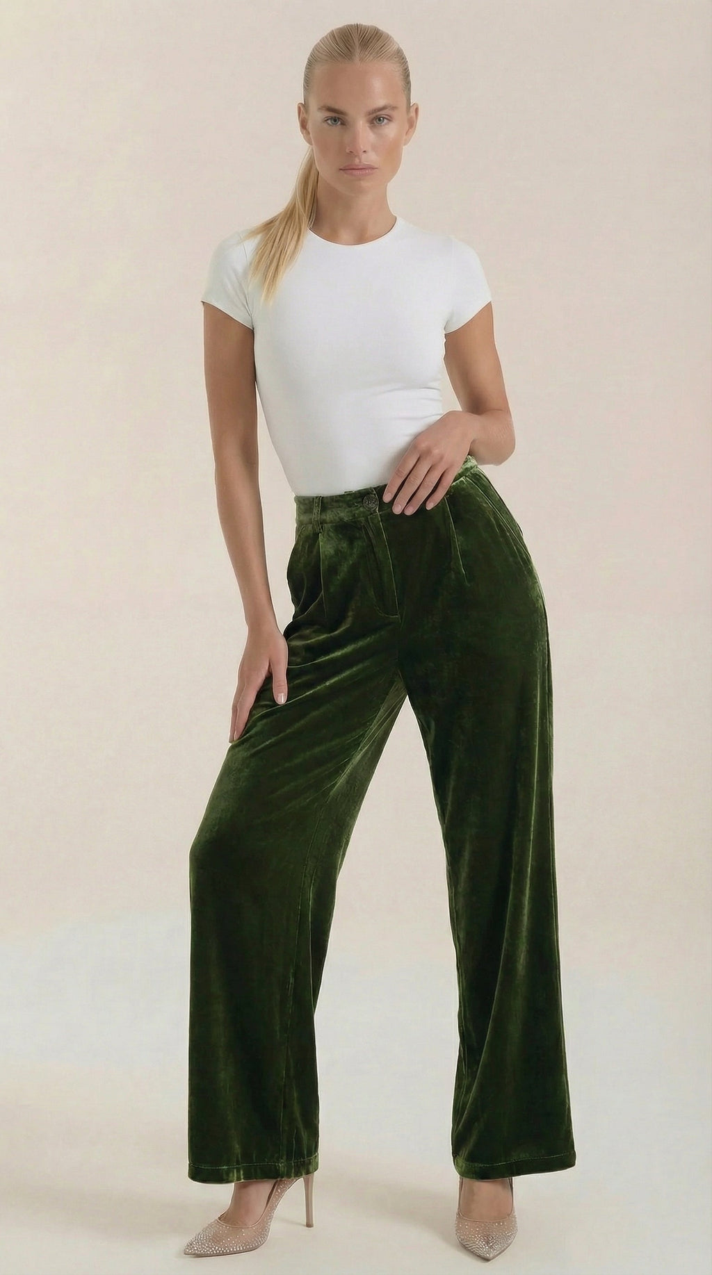 Damen Samthose mit weitem Bein, dunkelgrün, hoher Bund