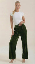 Damen Samthose mit weitem Bein, dunkelgrün, hoher Bund
