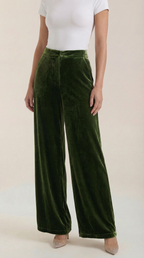 Damen Samthose mit weitem Bein, dunkelgrün, elastischer Bund, Falten vorn