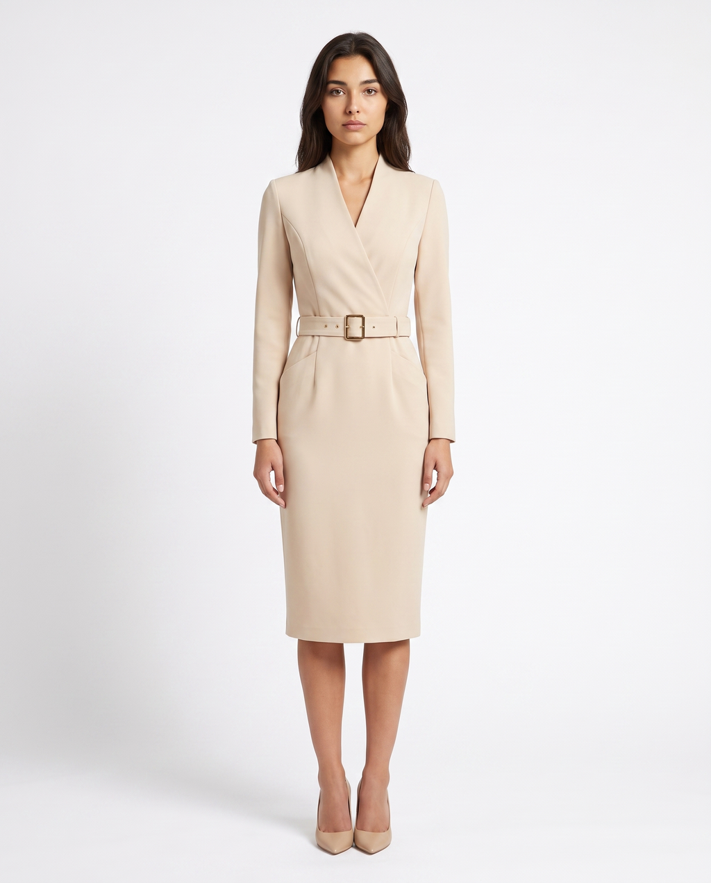 Beiges Midikleid mit Wickeloptik, Taillengürtel und langen Ärmeln