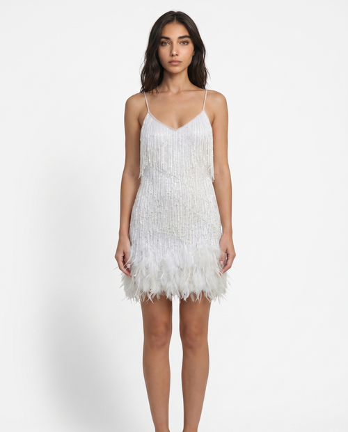 Weißes Pailletten-Minikleid mit Spaghettiträgern und Federsaum
