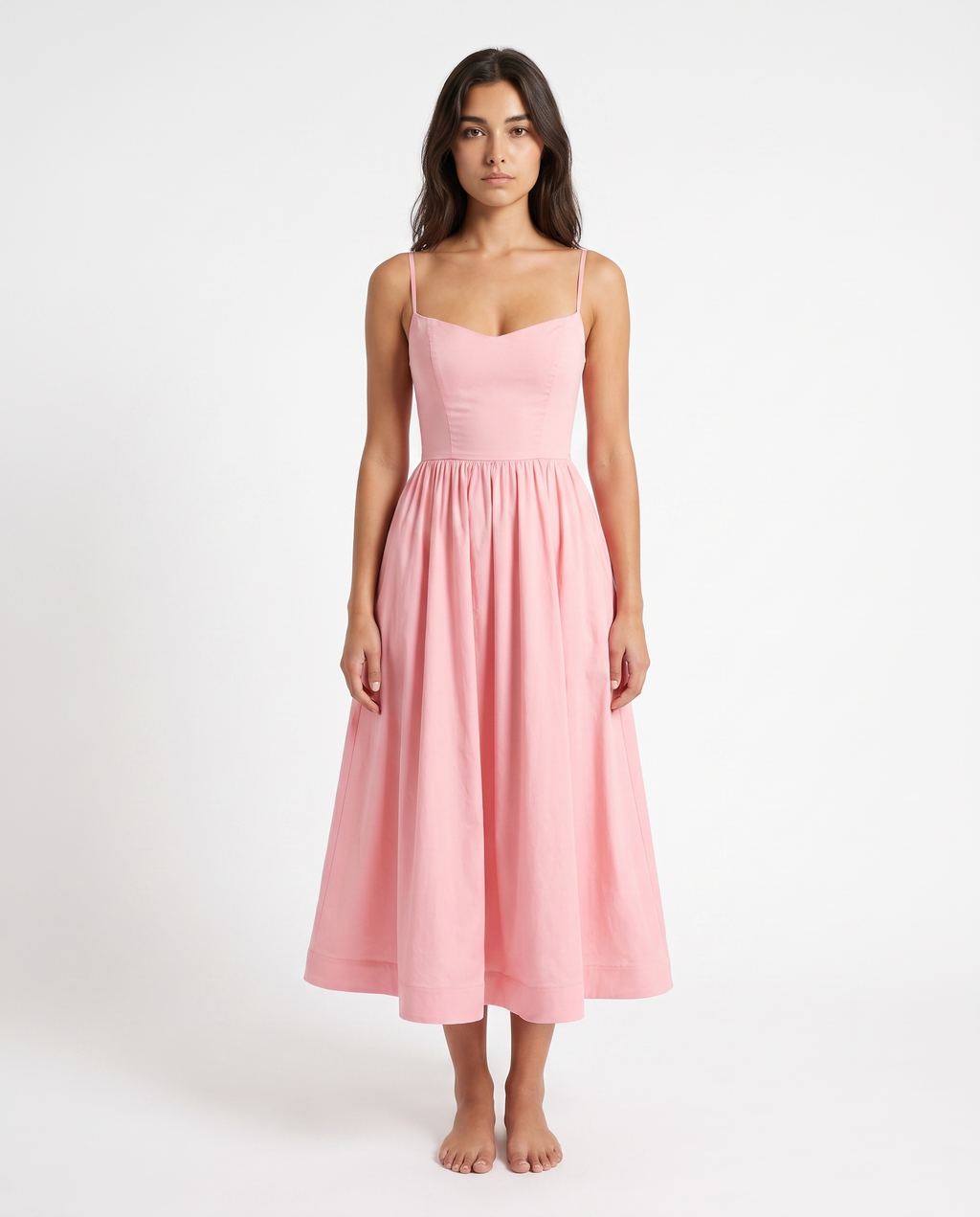 Rosa Midikleid mit schmalen Trägern, Herzausschnitt und gerafftem A-Linien-Rock