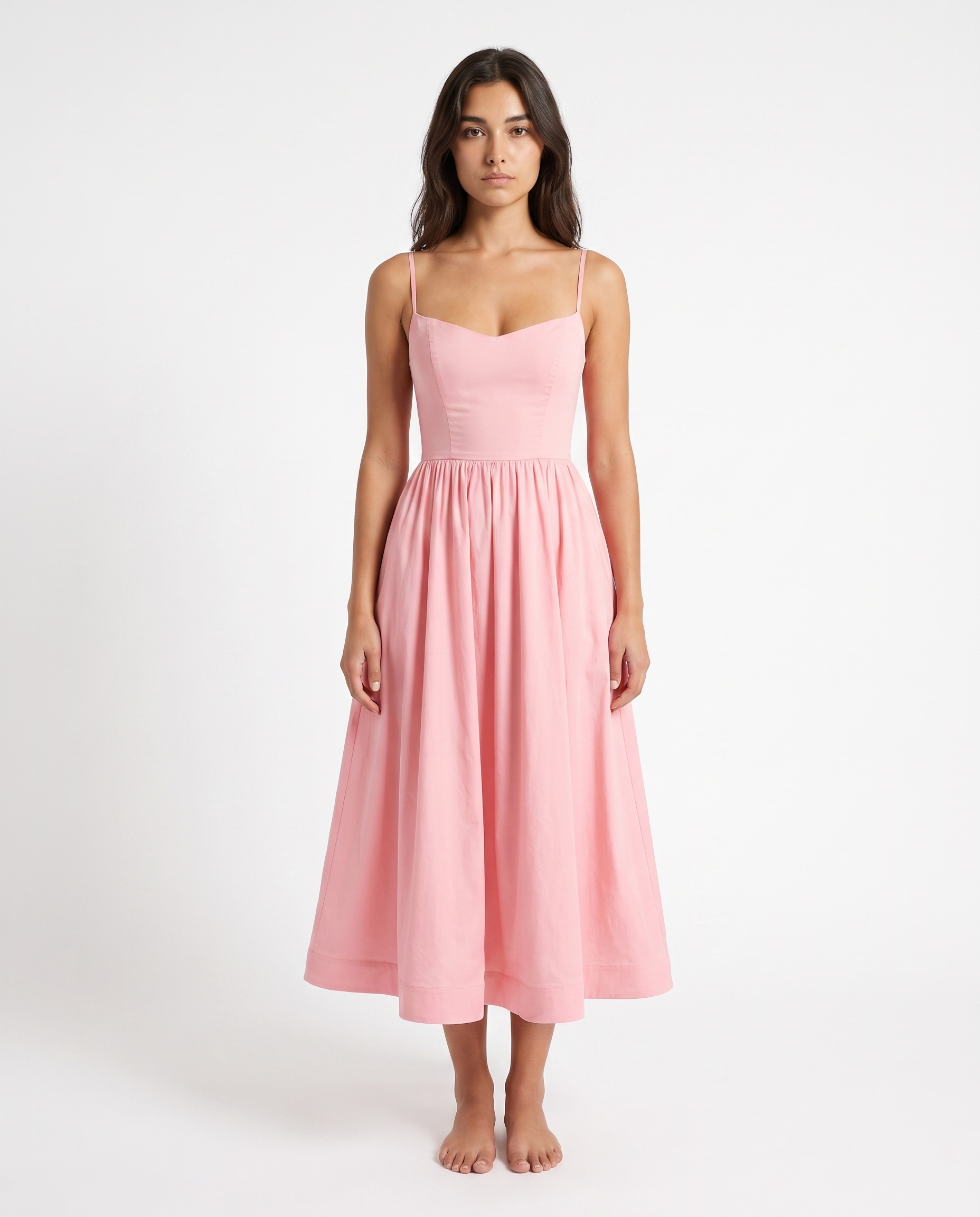 Rosa Midikleid mit schmalen Trägern, Herzausschnitt und gerafftem A-Linien-Rock