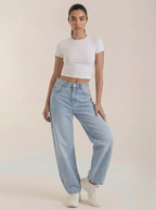 Helle blaue Damen-Jeans mit weitem Bein, Knopf- und Reißverschluss, 5-Pocket-Design