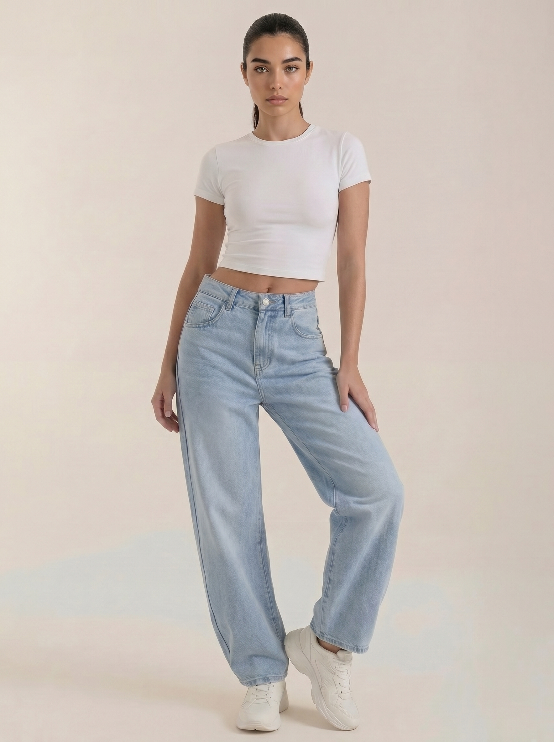 Helle blaue Damen-Jeans mit weitem Bein, Knopf- und Reißverschluss, 5-Pocket-Design