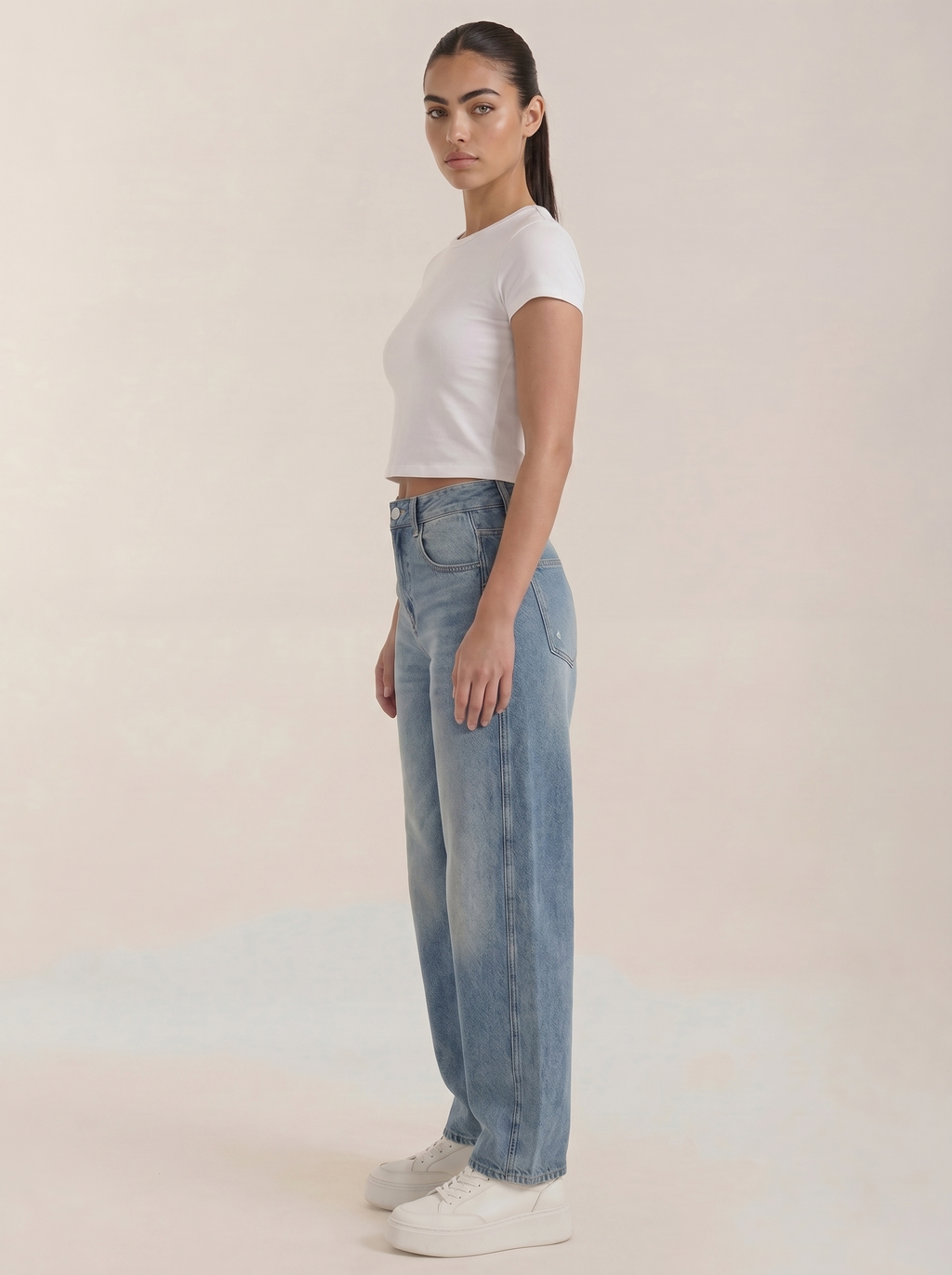 Helle blaue Damen-Wide-Leg Jeans, hohe Taille, gerade Nähte, seitliche Ansicht