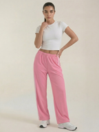 Weite Jogginghose für Damen, rosa mit Seitensstreifen, breitem Bund und Kordelzug