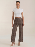 Karierte Damenhose mit hohem Bund, braune Webstruktur und weitem Bein
