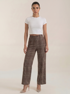 Karierte Damenhose mit hohem Bund, braune Webstruktur und weitem Bein