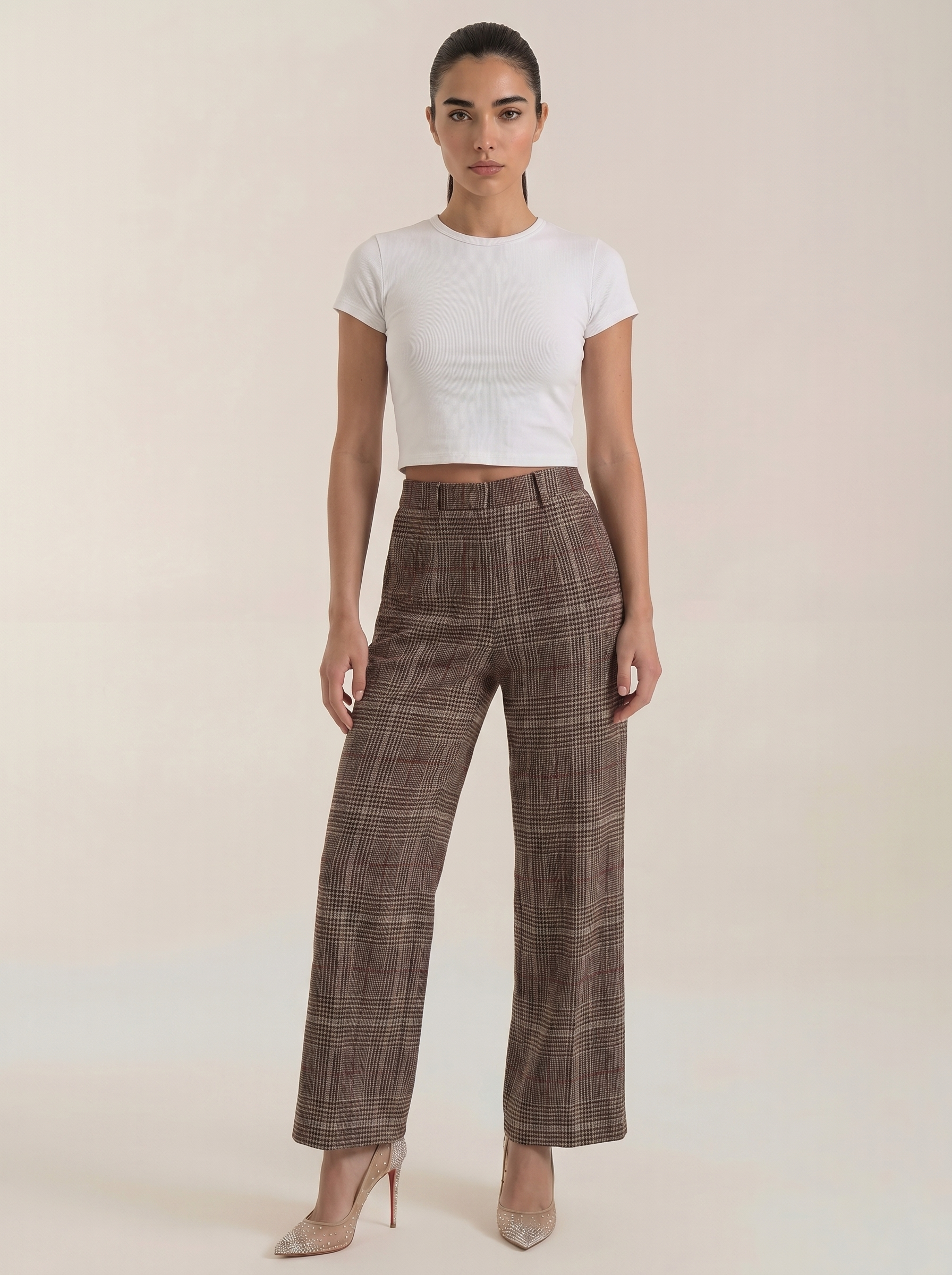 Karierte Damenhose mit hohem Bund, braune Webstruktur und weitem Bein