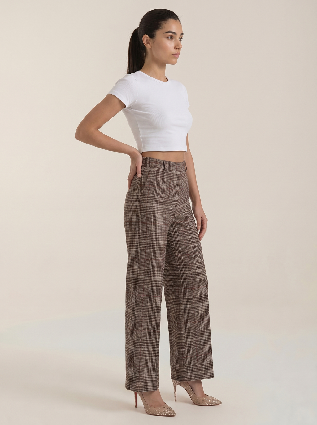 Karierte Damenhose mit hohem Bund, braune Stoffhose mit geradem weitem Bein