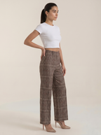 Karierte Damenhose mit hohem Bund, braune Stoffhose mit geradem weitem Bein
