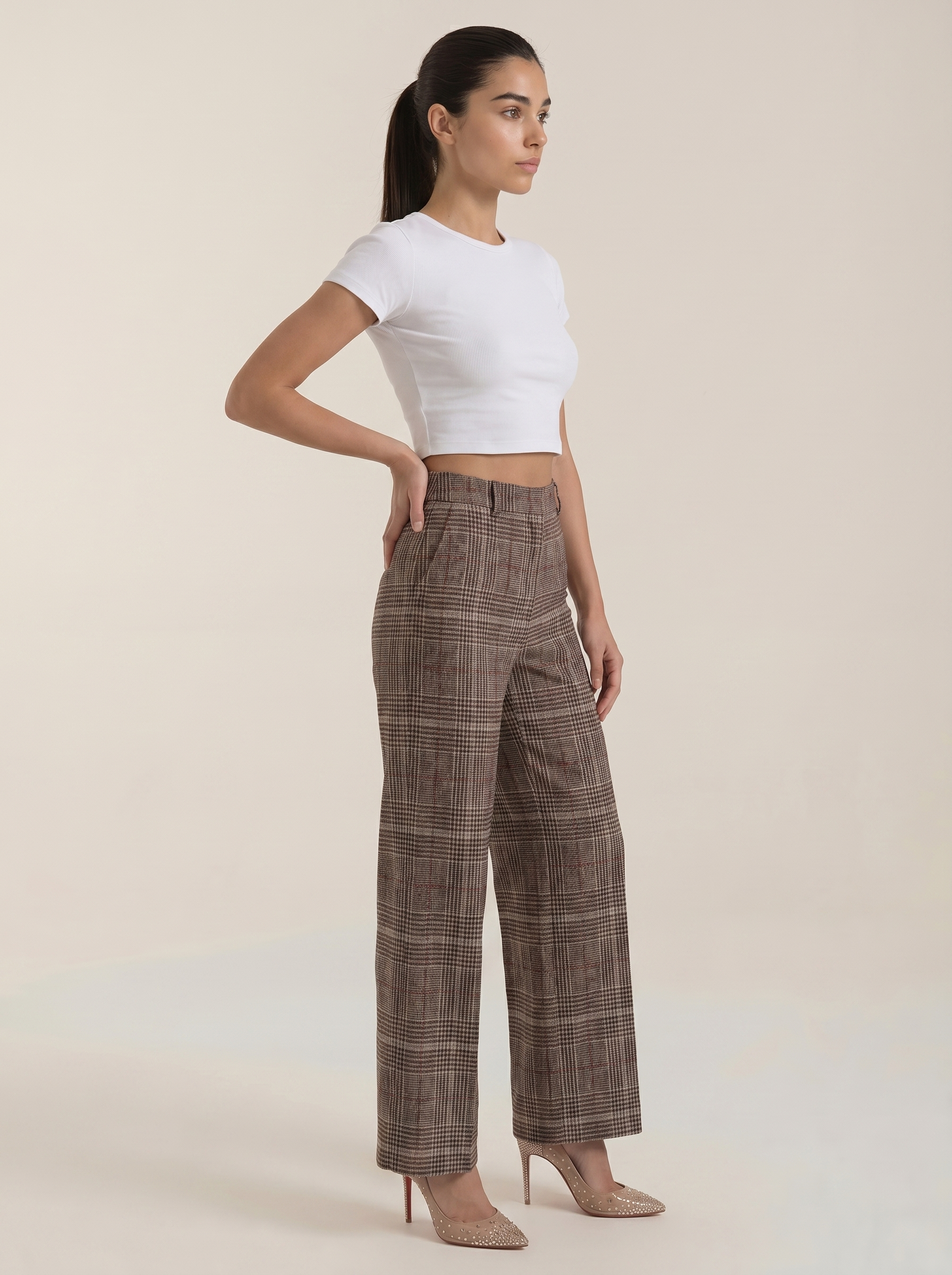 Karierte Damenhose mit hohem Bund, braune Stoffhose mit geradem weitem Bein