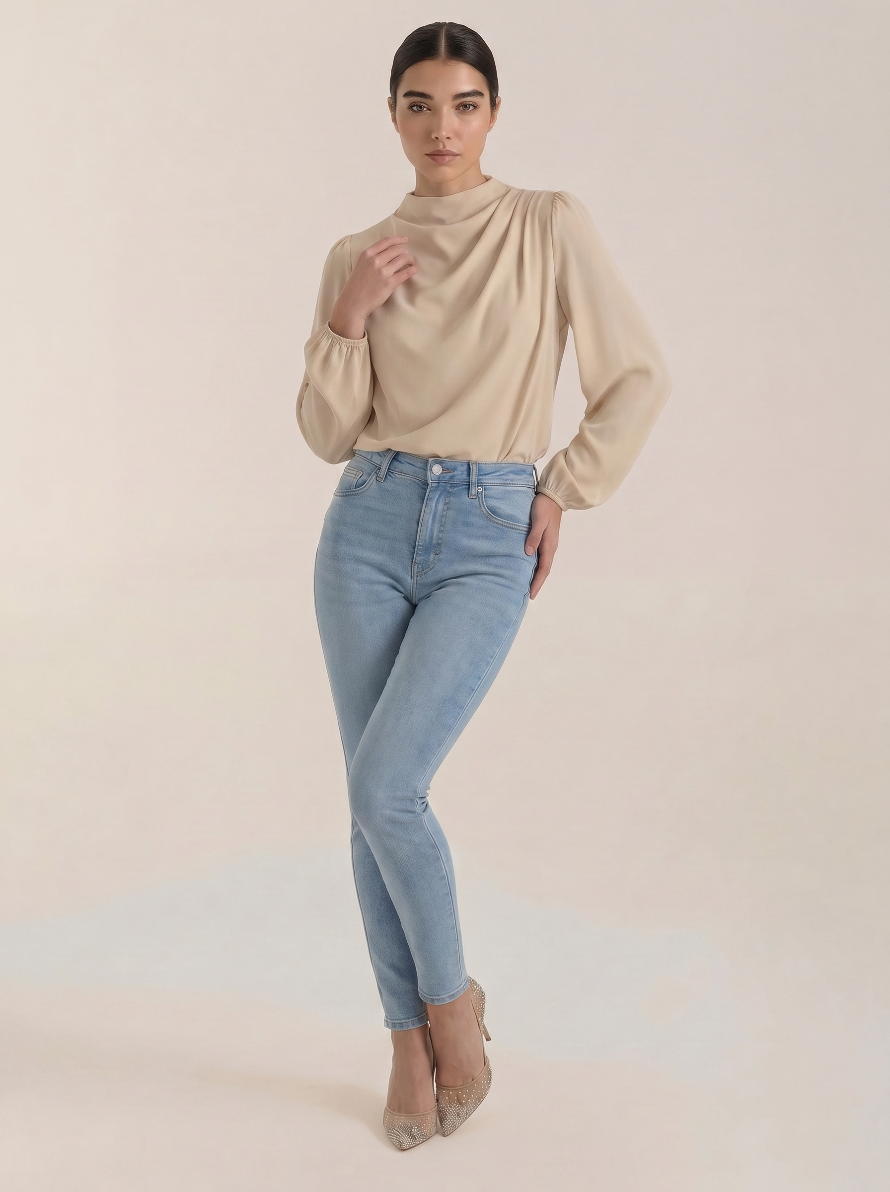 Beige Damenbluse mit drapiertem Wasserfall-Ausschnitt und langen Puffärmeln
