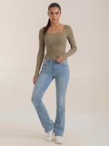 Damen-Longsleeve mit Rundhalsausschnitt, nahtlos, khaki, langarm