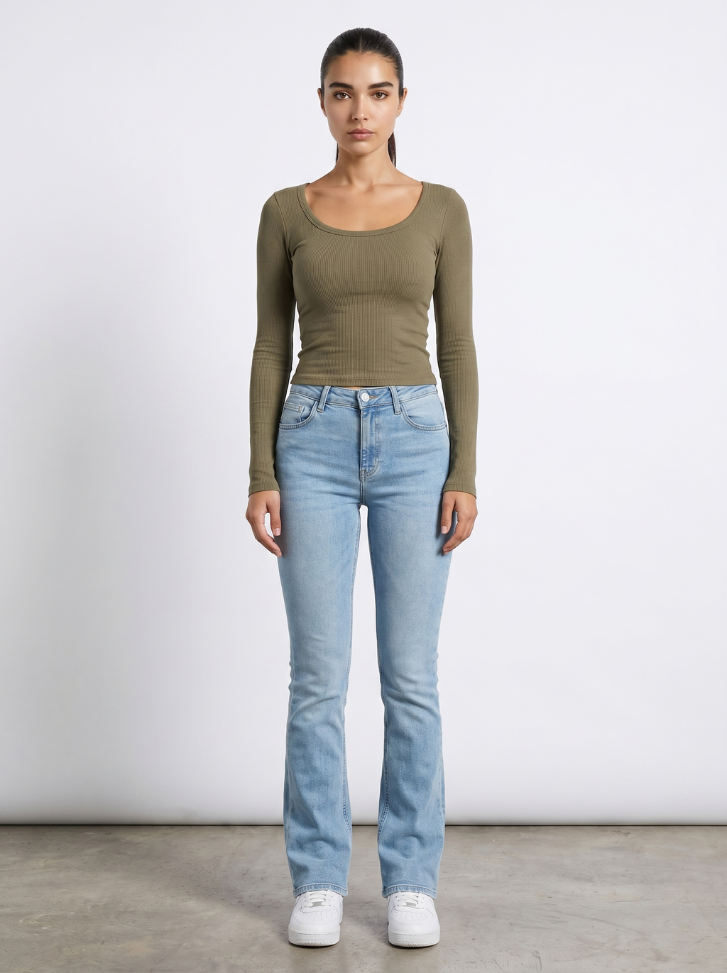 Damen-Longsleeve mit Rundhalsausschnitt, nahtlos, khaki, langarm