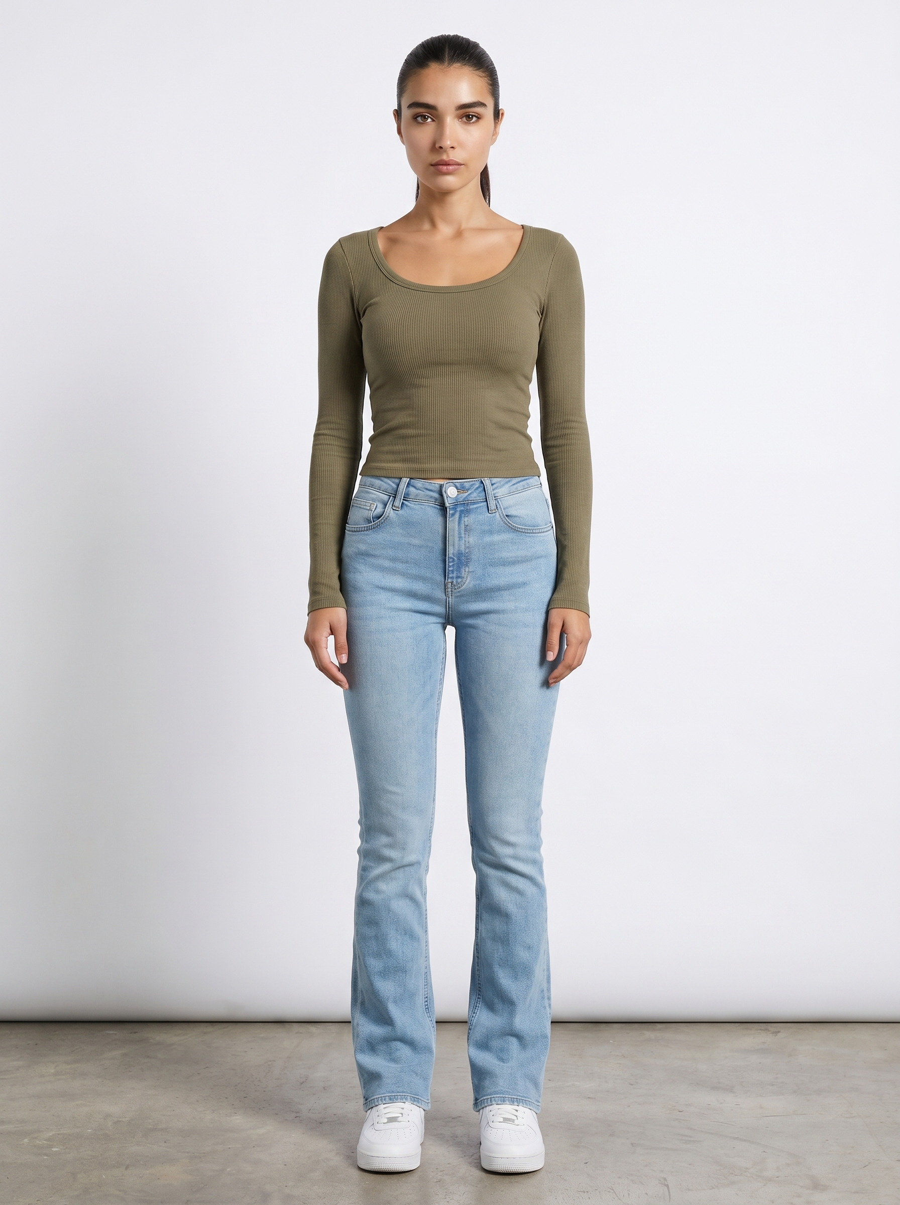 Damen-Longsleeve mit Rundhalsausschnitt, nahtlos, khaki, langarm