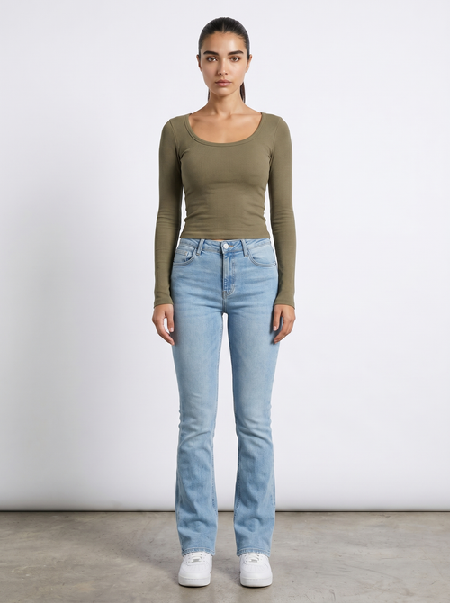Damen-Longsleeve mit Rundhalsausschnitt, nahtlos, khaki, langarm