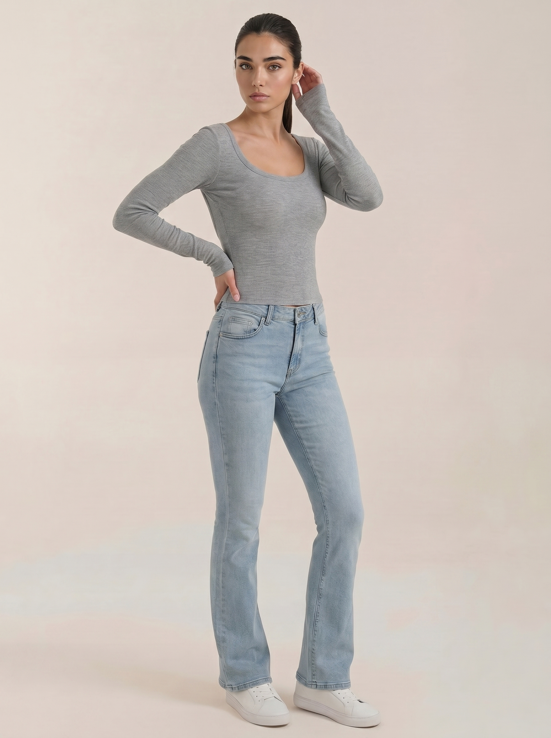 Damen-Longsleeve mit Rundhalsausschnitt, nahtlos, hellgrau, langarm