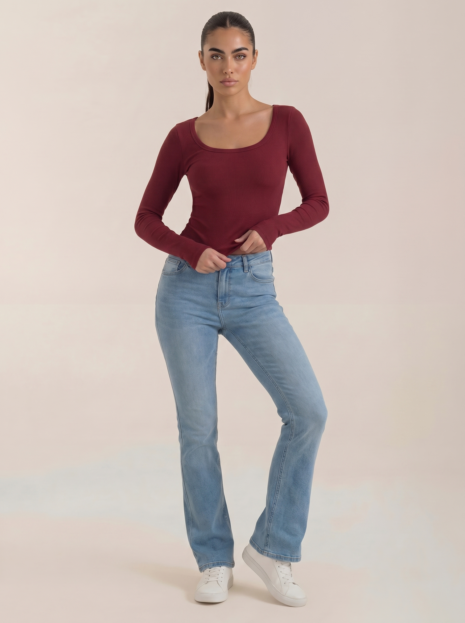 Damen-Longsleeve mit Rundhalsausschnitt, nahtlos, rot, langarm