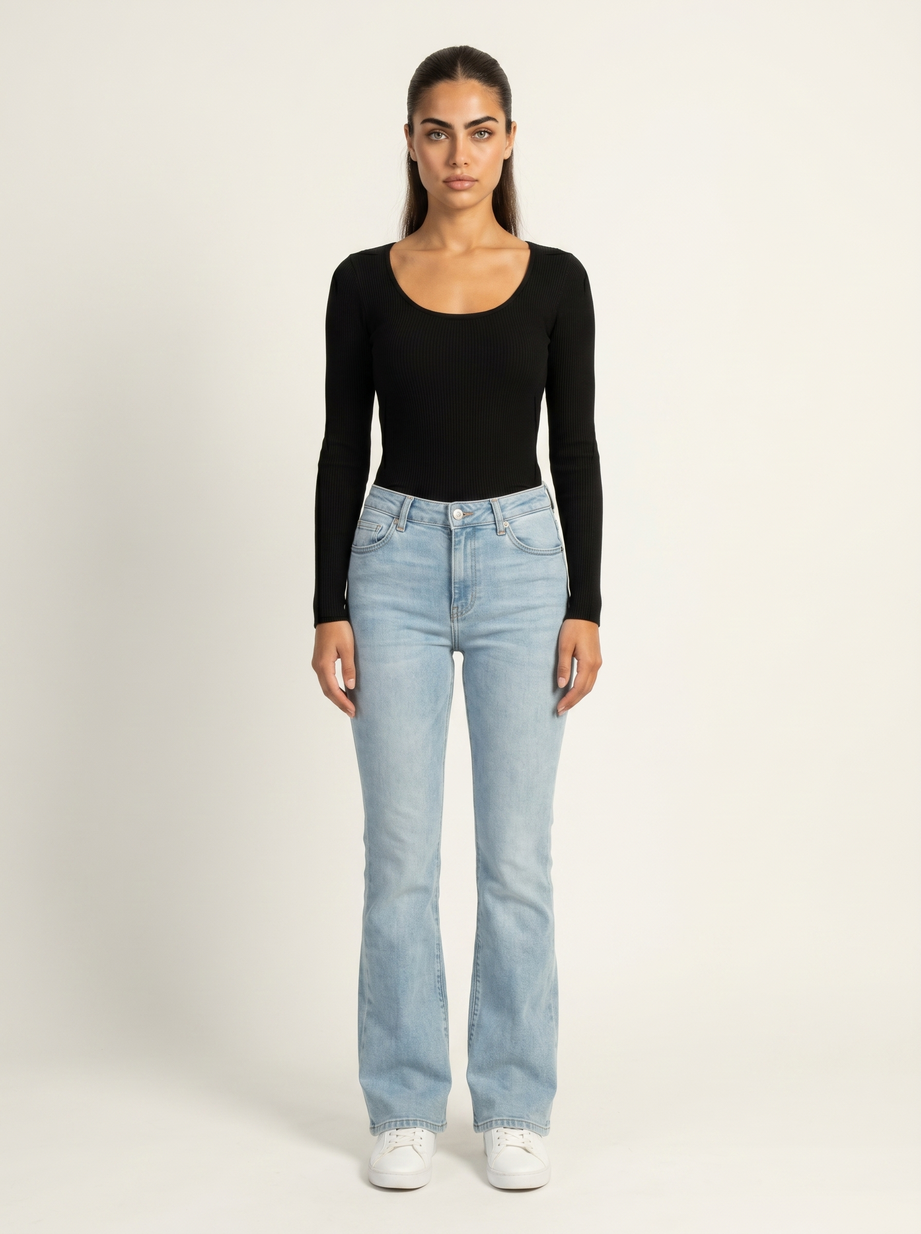 Damen-Longsleeve mit Rundhalsausschnitt, nahtlos, schwarz, langarm
